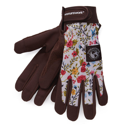 Digger Gardening Gloves by Womanswork; brown suede with floral fabric panel and strap on Tampa Home & Garden Store