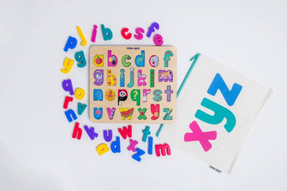 xyz Find & Fit Puzzle by Domino & Juliette, wooden alphabet puzzle with colorful tiles on Tampa Home & Garden Store
