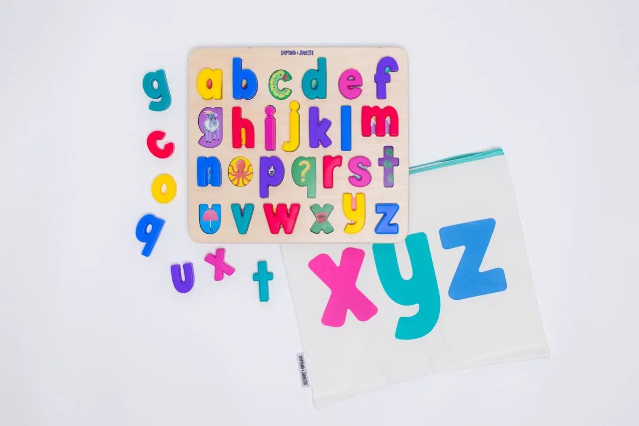xyz Find & Fit Puzzle by Domino & Juliette, wooden alphabet puzzle with colorful letters and animal icons, includes a white pouch with oversized X Y Z on Tampa Home & Garden Store