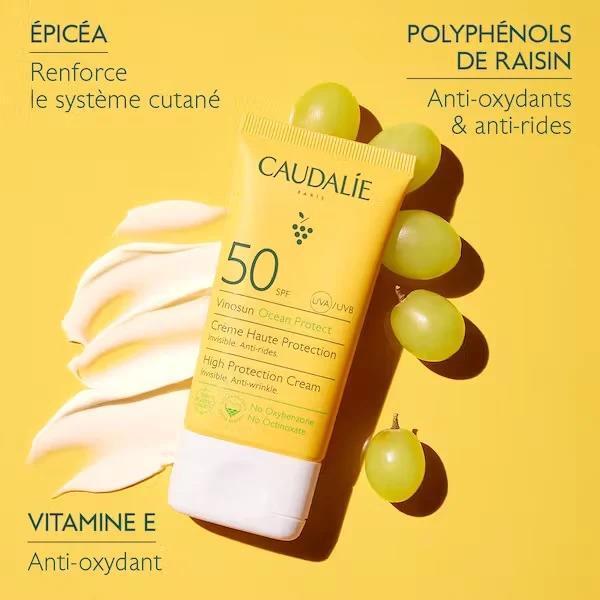 Caudalie Vinosun Protect SPF 50 sunscreen tube on bright yellow background with grape cluster on Tampa Home & Garden Store