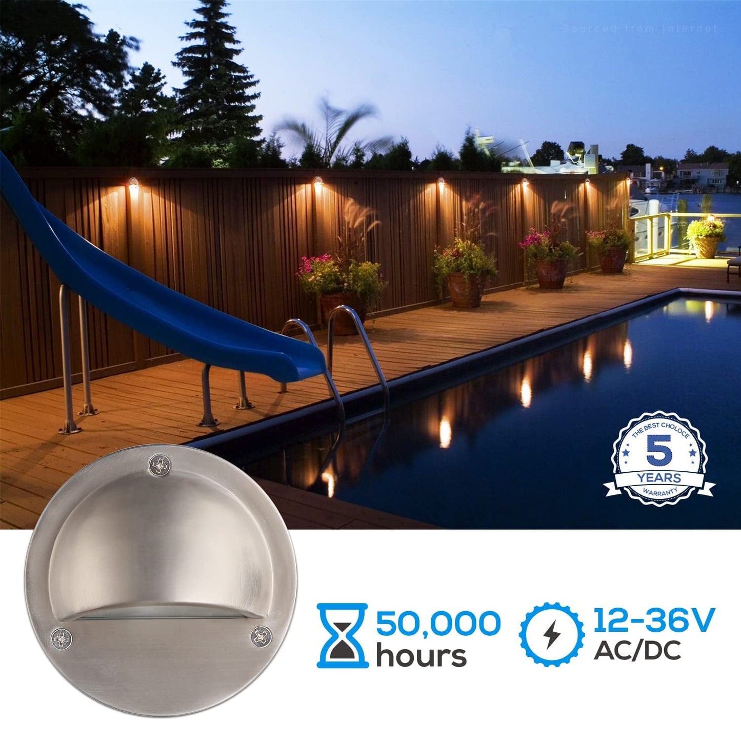 Paquete de 12 luces LED de níquel satinado de bajo voltaje de 2,5 W para exteriores, paquete de 12 luces LED de media luna para terraza, cercas y paisajes de 12 V