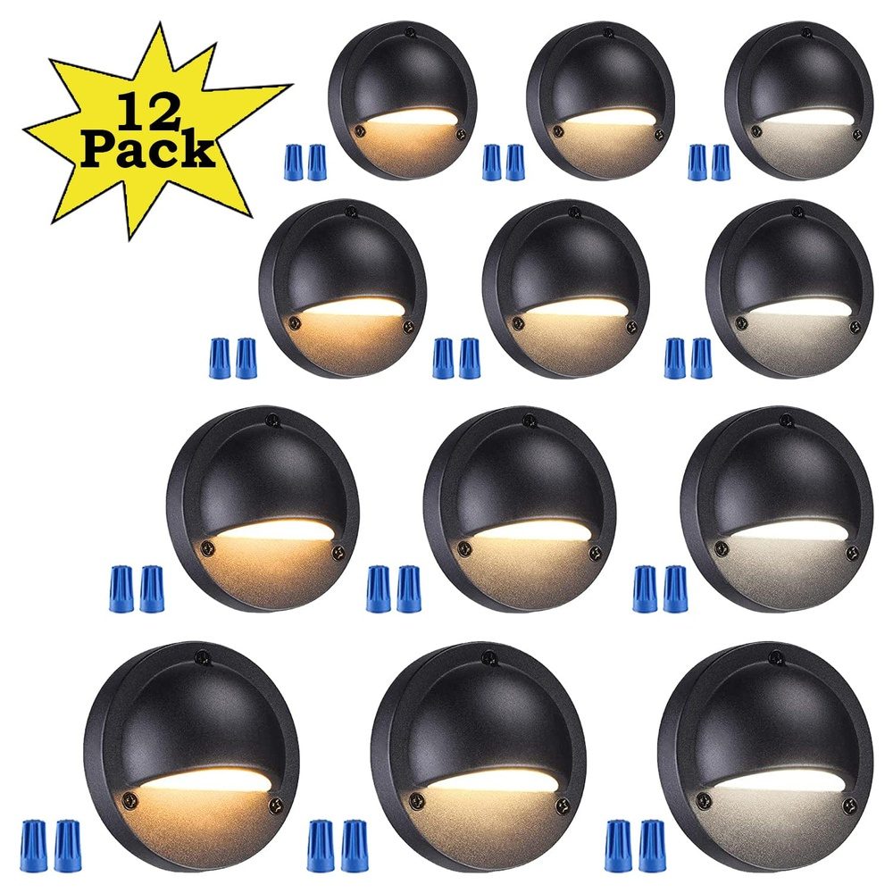 Paquete de 12 luces LED de media luna para exteriores, de bajo voltaje, 3 CCT, 2,5 W, color negro, DLA03, luces LED de 12 V para escalón, valla y paisaje