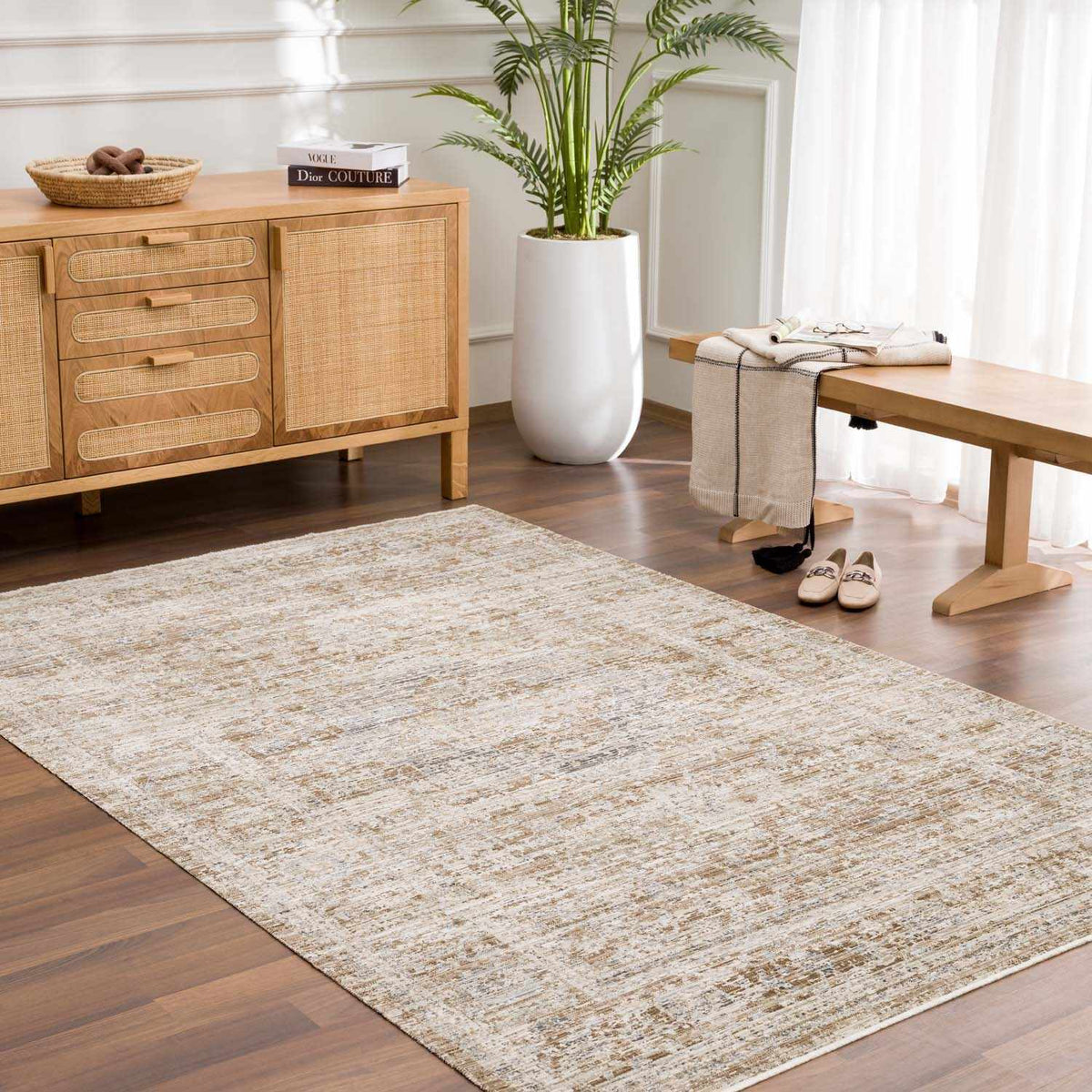 Aistys washable outdoor area rug - Clearance, beige pattern in a living room setting on Tampa Home & Garden Store