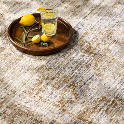 Aistys washable outdoor area rug beige tan distressed pattern with lemon and glass on tray on Tampa Home & Garden Store