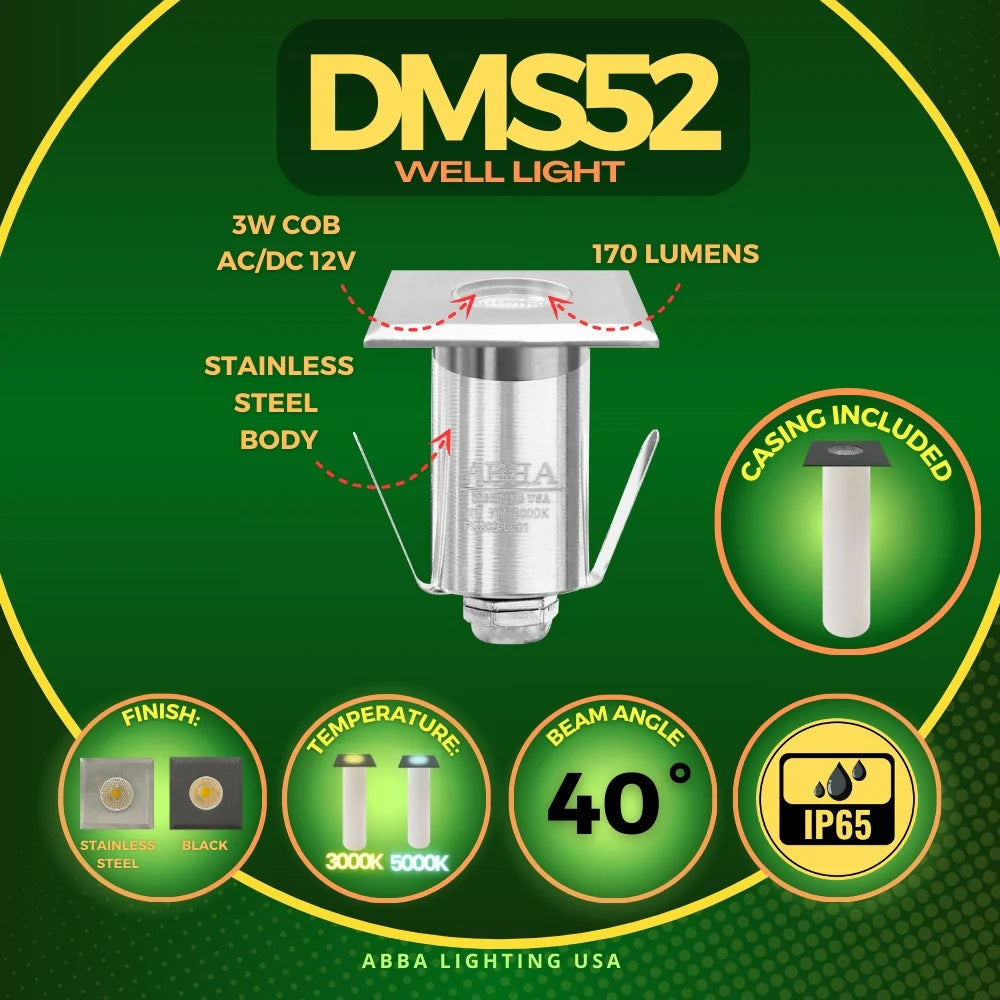 Foco empotrable para exteriores de acero inoxidable con LED COB DMS52 de 3 W, resistente al agua y con parte superior cuadrada
