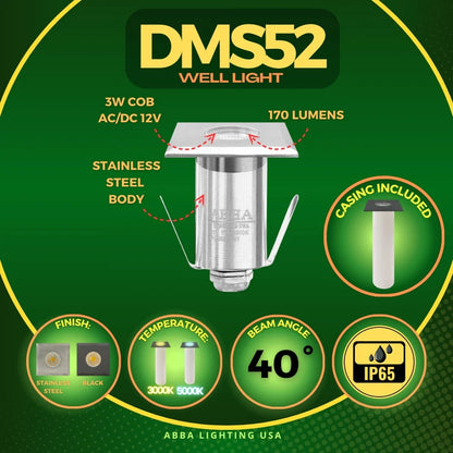 Foco empotrable para exteriores de acero inoxidable con LED COB DMS52 de 3 W, resistente al agua y con parte superior cuadrada