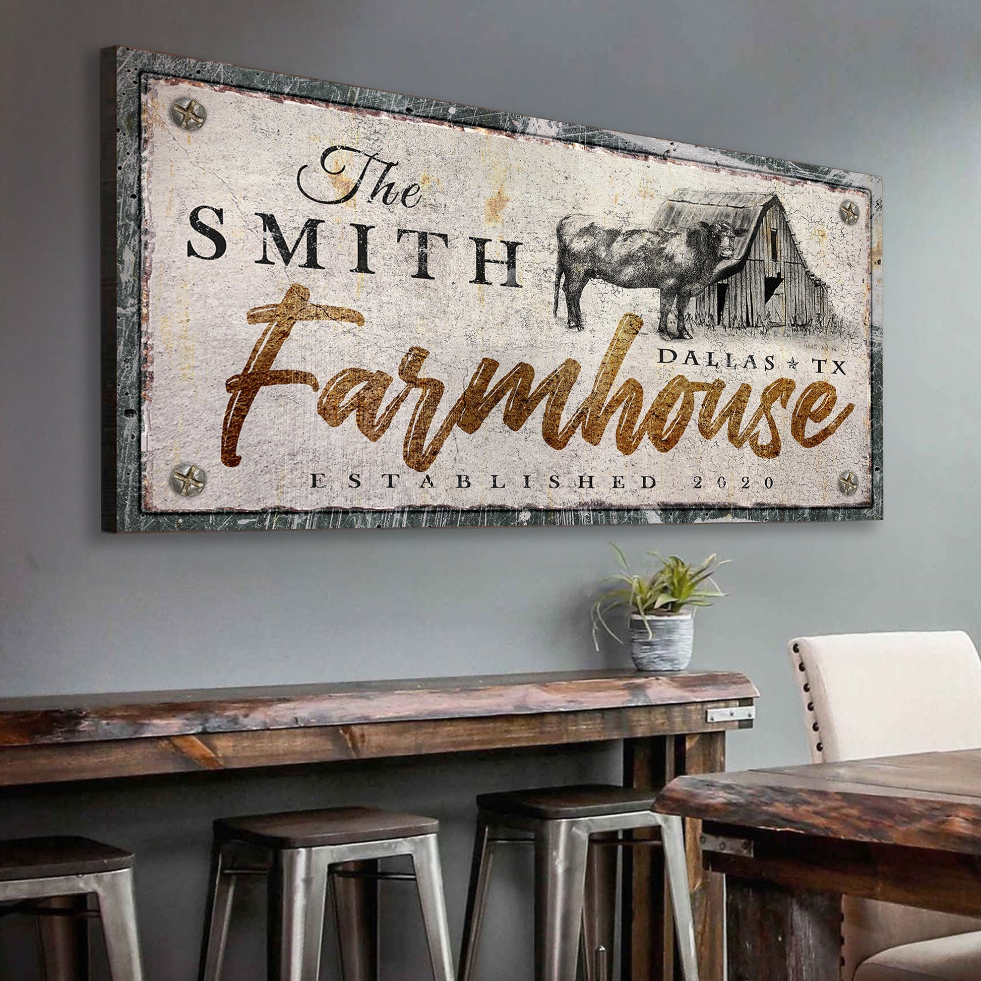Rustic farmhouse sign canvas by Tailored Canvases featuring barn scene and weathered texture on Tampa Home & Garden Store