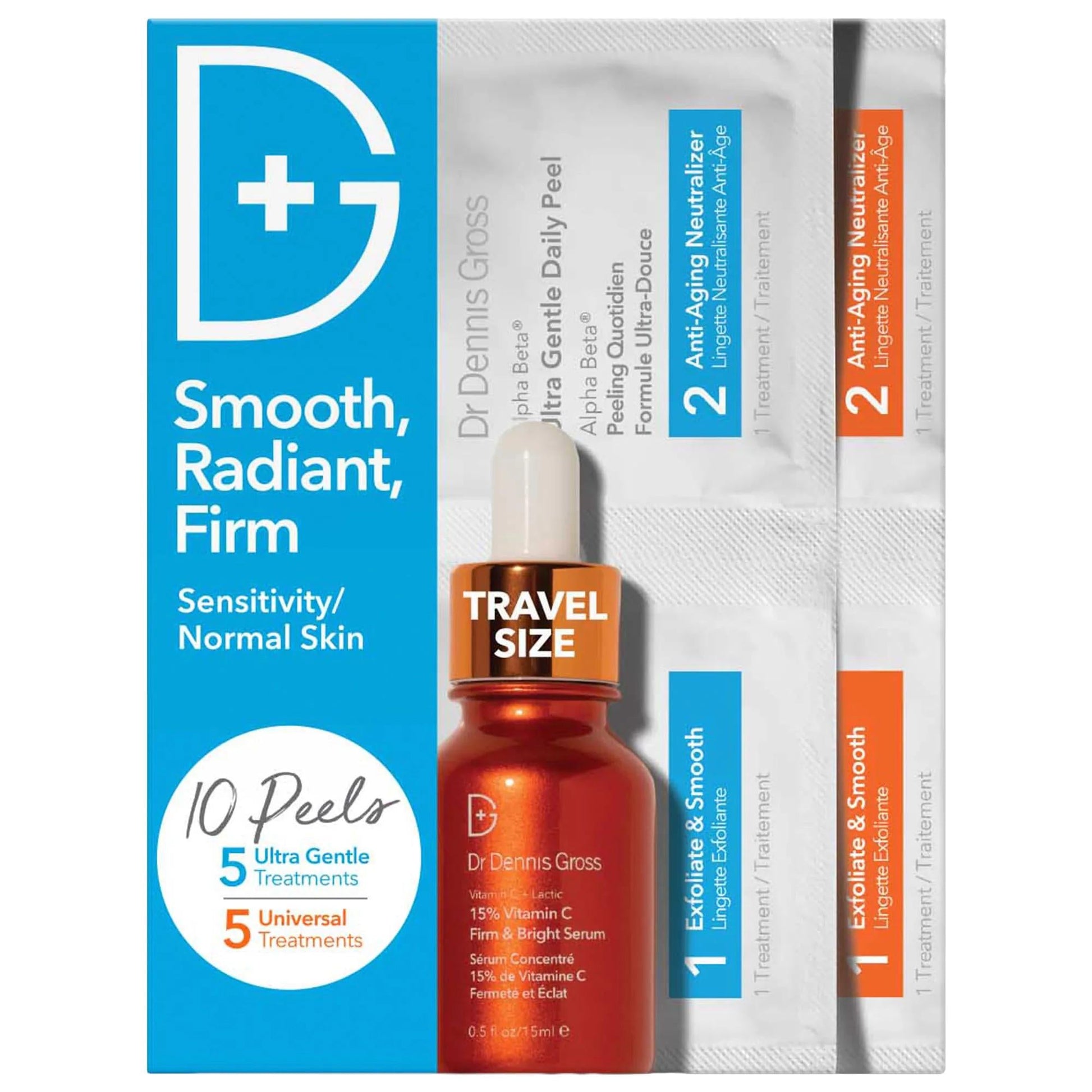 Dr Dennis Gross Skincare Smooth Radiant Firm Kit with Daily Peel & Vitamin C Serum, blue kit on Tampa Home & Garden Store