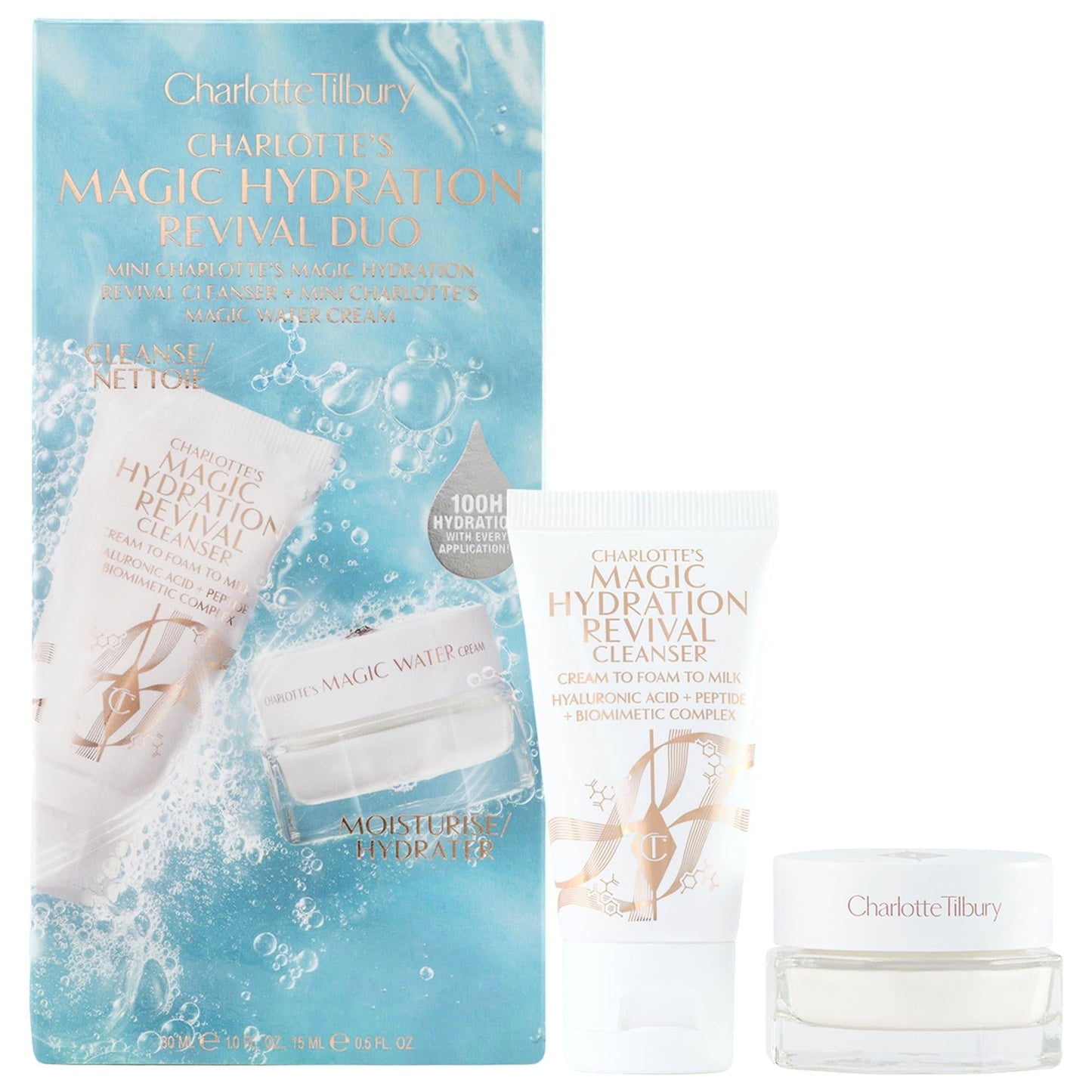 Charlotte Tilbury Magic Hydration Revival Duo mini cleanser & moisturizer in blue packaging on Tampa Home & Garden Store