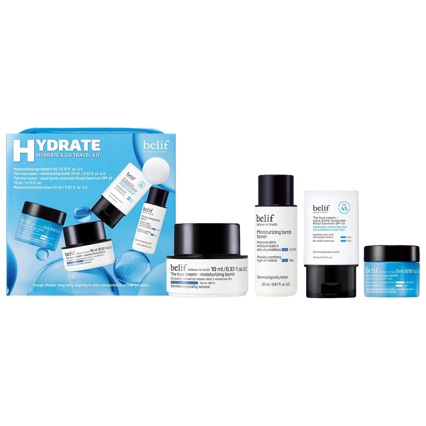 Belif Hydrate & Go Travel Kit skincare set with blue box and white bottles with black caps on Tampa Home & Garden Store