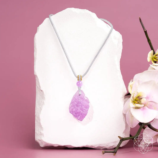 Necklace Pink Kunzite pendant on gray chain with pink bead and gold accent Conscious Items on Tampa Home & Garden Store