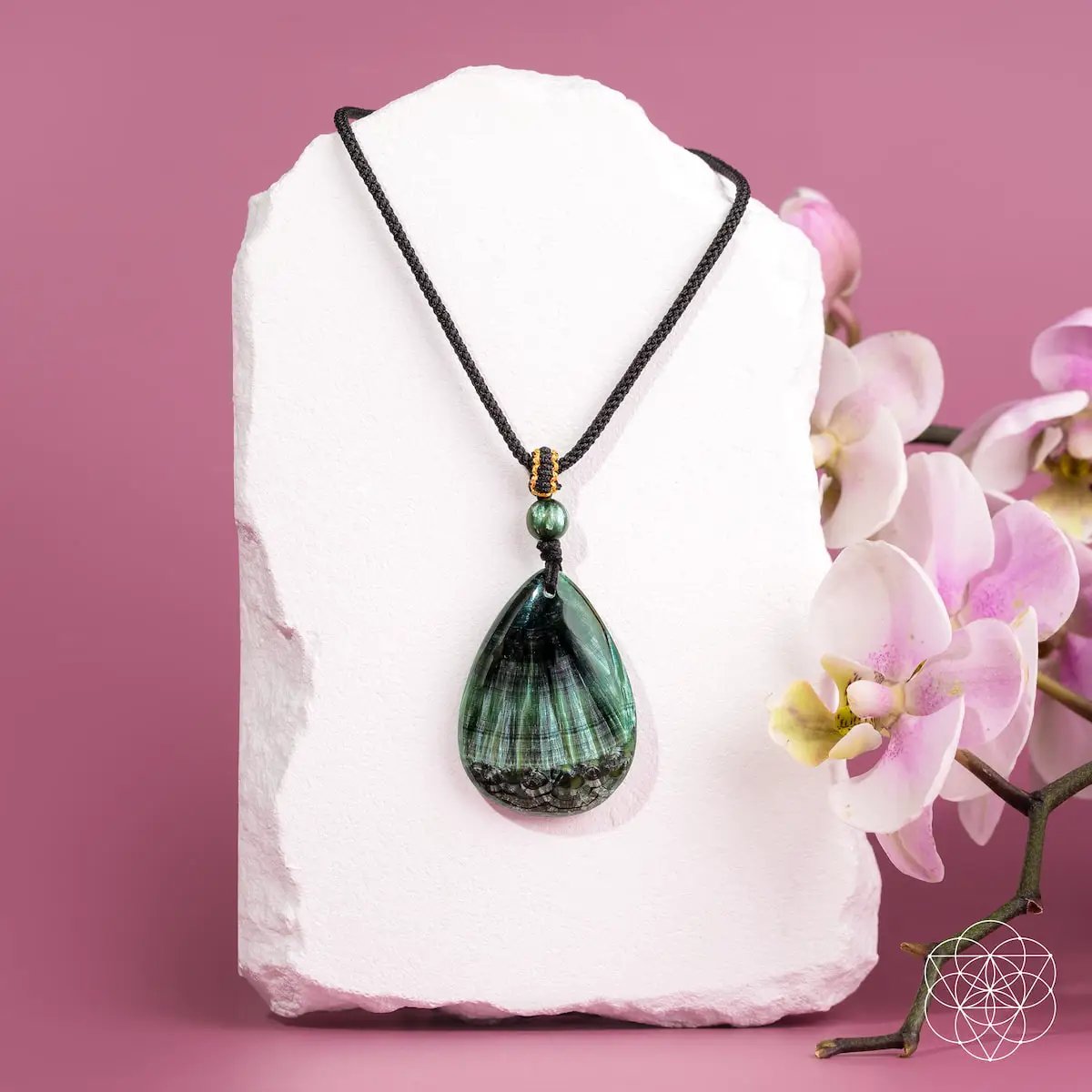 The Angel by My Side seraphinite pendant necklace with green teardrop stone on black cord on Tampa Home & Garden Store