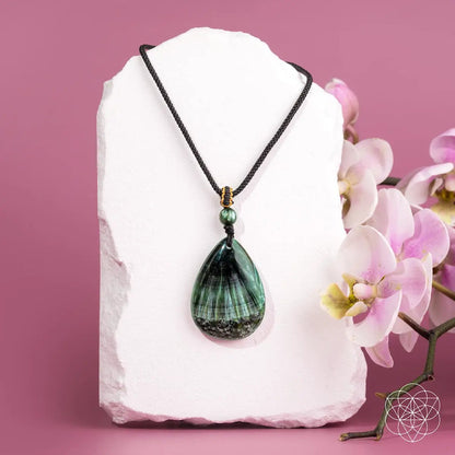 The Angel by My Side seraphinite pendant necklace with green teardrop stone on black cord on Tampa Home & Garden Store