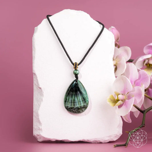 The Angel by My Side seraphinite pendant necklace with green teardrop stone on black cord on Tampa Home & Garden Store