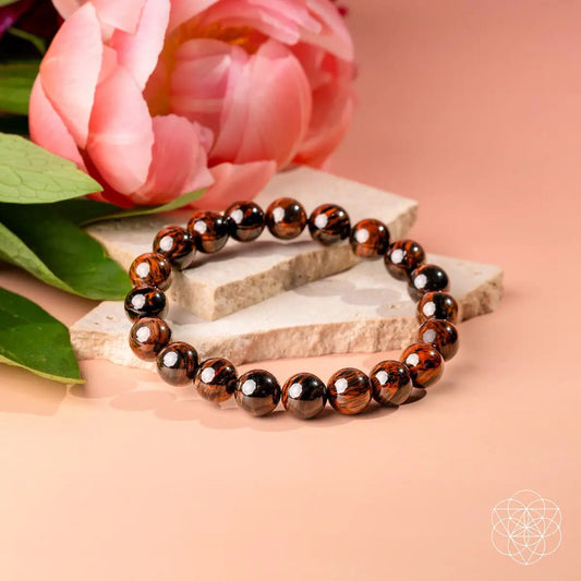 Bracelet Self-Sabotage Breaker mahogany obsidian beads, glossy brown-red, Conscious Items logo on Tampa Home & Garden Store