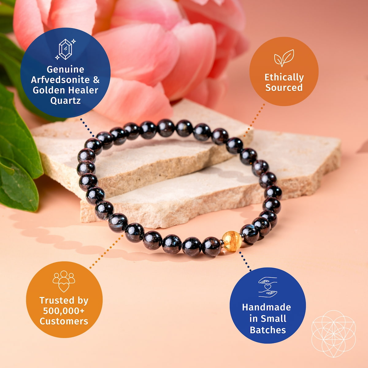 Bracelet The Arfvedsonite 6mm black beads with golden healer quartz accent Conscious Items on Tampa Home & Garden Store