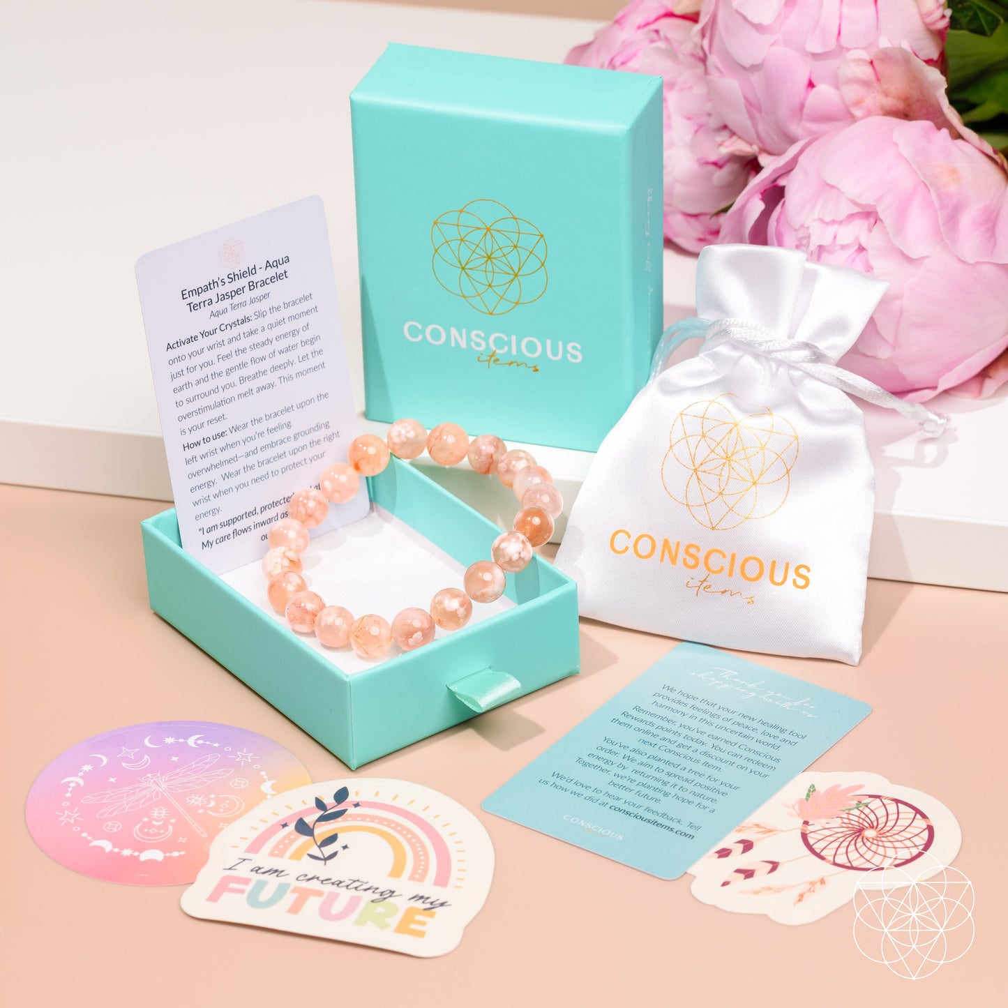 Bracelet The Woman You’re Becoming Sakura Flower Agate peach-pink beads by Conscious Items on Tampa Home & Garden Store