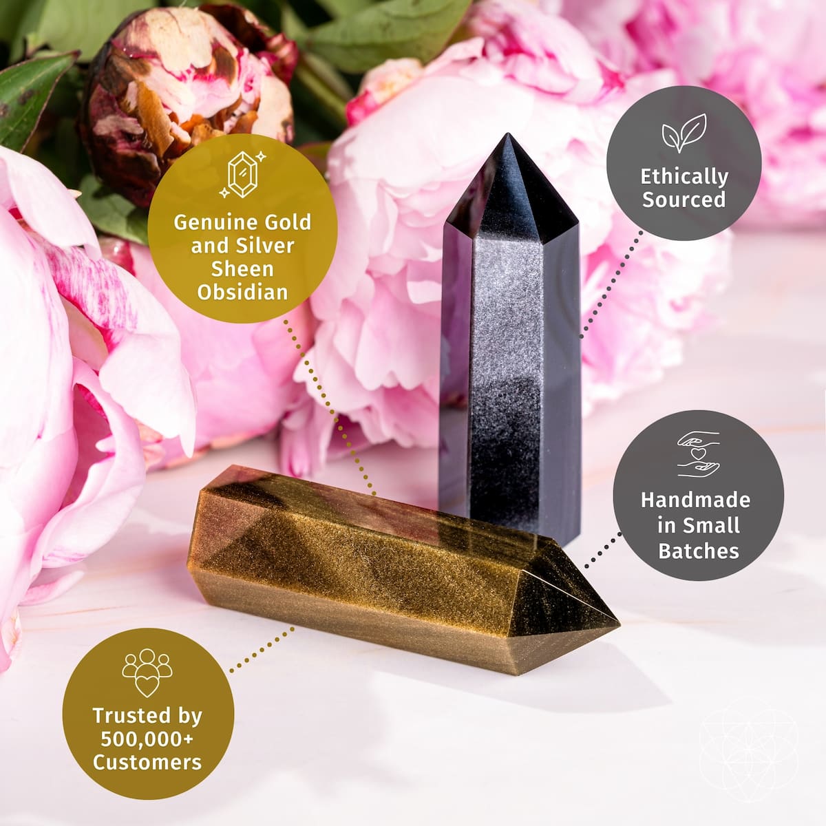 The Upper Hand Gold & Silver Sheen Obsidian Points Conscious Items, two crystals on Tampa Home & Garden Store