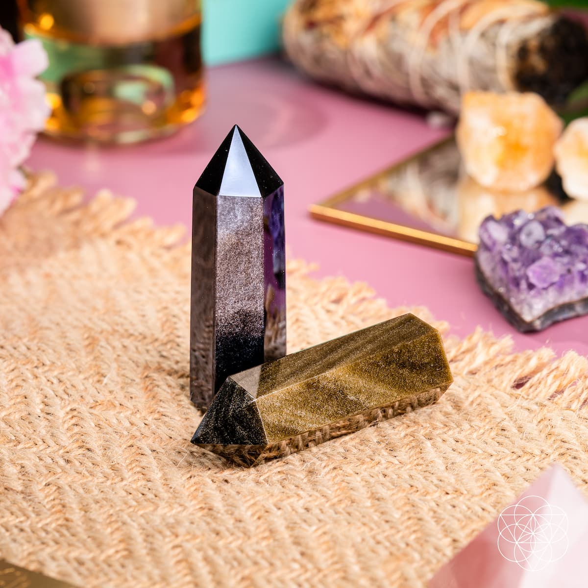 The Upper Hand Gold & Silver Sheen Obsidian Points towers, 2-piece set by Conscious Items on Tampa Home & Garden Store