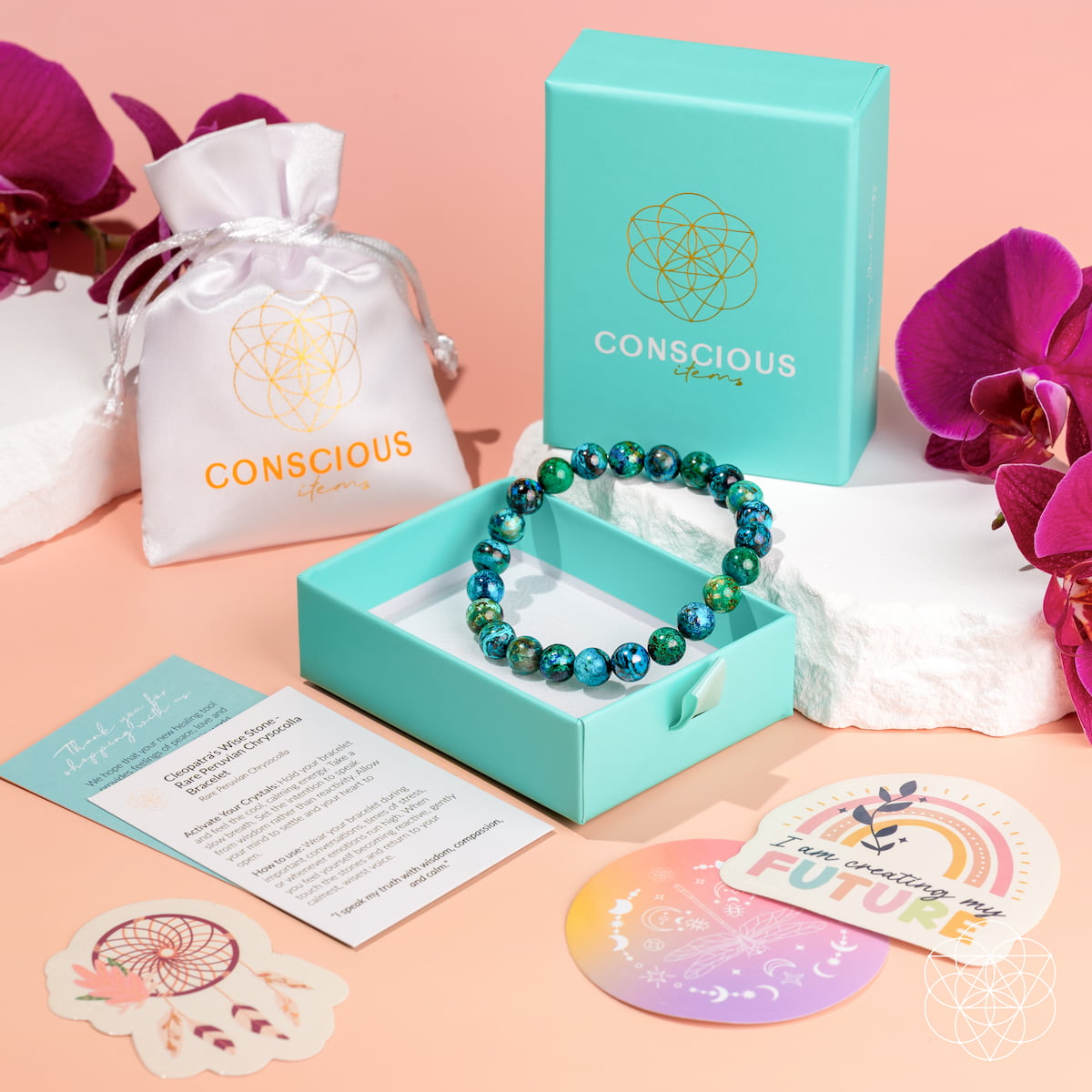 Bracelet Cleopatra’s Wise Stone: chrysocolla beads in turquoise-green by Conscious Items on Tampa Home & Garden Store