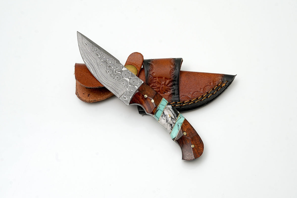 Damascus field knife with turquoise-inlay handle and leather sheath Titan Intl K TK-459 on Tampa Home & Garden Store