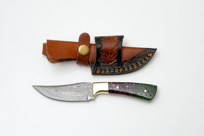 Damascus Field Knife with red & green honeycomb resin handle in leather sheath on Tampa Home & Garden Store