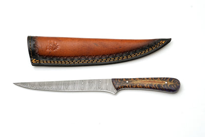 Damascus fillet knife with purple pine cone resin handle and leather sheath TK-466 Titan on Tampa Home & Garden Store