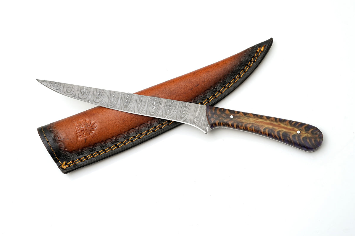 Damascus fillet knife with purple pine cone resin handle TK-466 fishing tool, leather sheath on Tampa Home & Garden Store