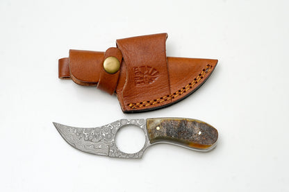 Hand-Forged Damascus Ring Skinner knife with ram horn handle and finger-loop TK-472 leather sheath on Tampa Home & Garden Store
