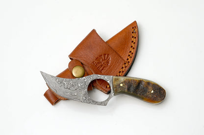 Hand-forged Damascus ring skinner knife with natural ram-horn handle and finger-loop TK-472 on Tampa Home & Garden Store