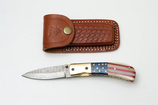 Patriotic flag folding knife with Damascus blade and blue pocket clip TF-101 by Titan K on Tampa Home & Garden Store