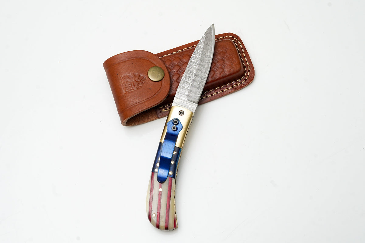 Patriotic flag folding knife with Damascus blade and blue pocket clip TF-101 Titan on Tampa Home & Garden Store