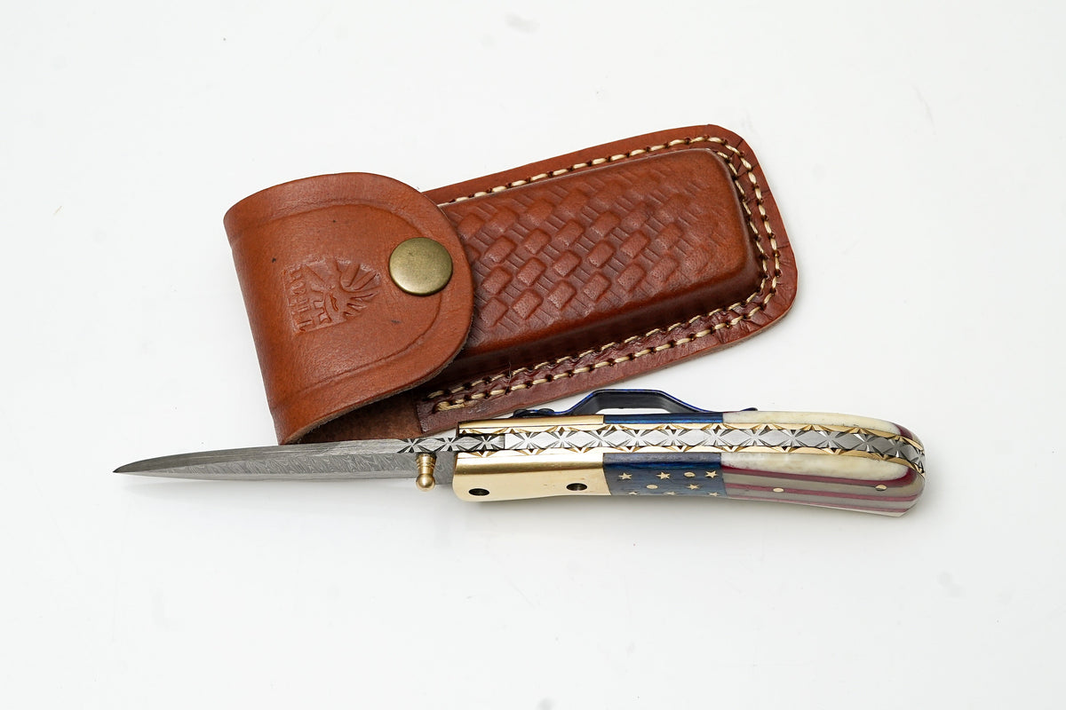 Patriotic flag folding knife with Damascus blade and blue pocket clip TF-101 Titan K on Tampa Home & Garden Store