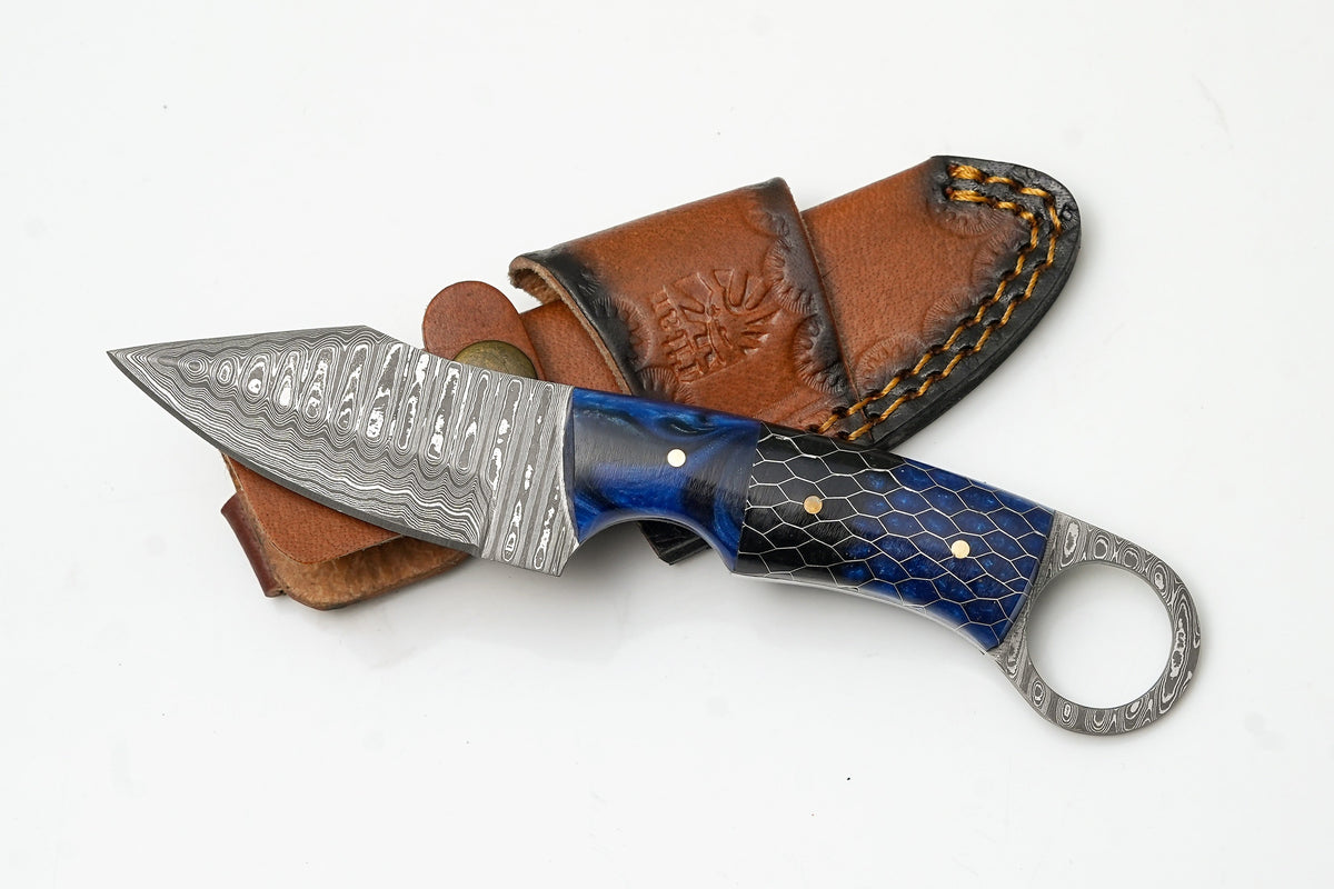 Damascus Ring Skinner knife with blue honeycomb handle Titan International K on Tampa Home & Garden Store