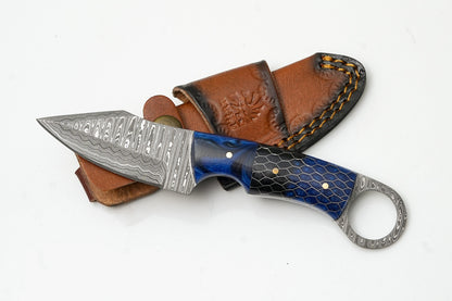 Damascus Ring Skinner knife with blue honeycomb handle Titan International K on Tampa Home & Garden Store