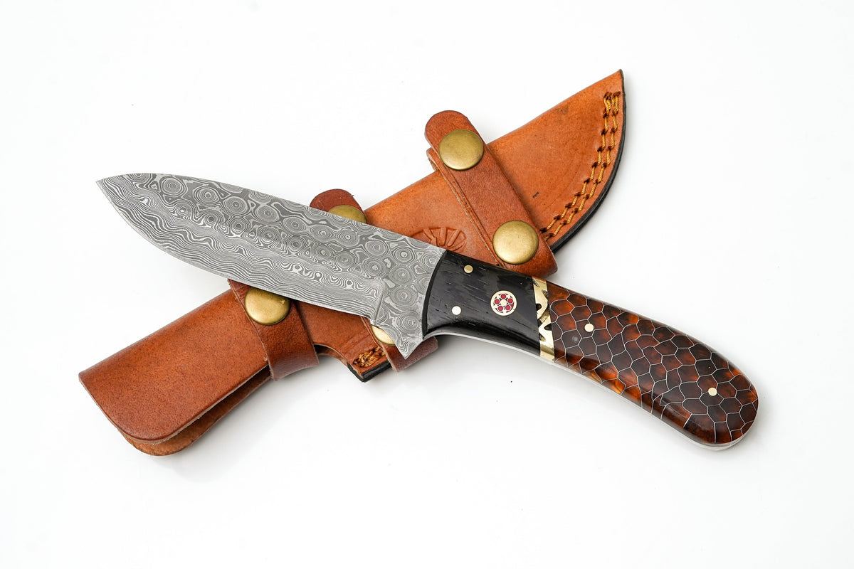 Hand-Forged Damascus Hunter knife with amber honeycomb handle in leather sheath on Tampa Home & Garden Store