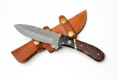 Hand-Forged Damascus Hunter knife with amber honeycomb handle in leather sheath on Tampa Home & Garden Store