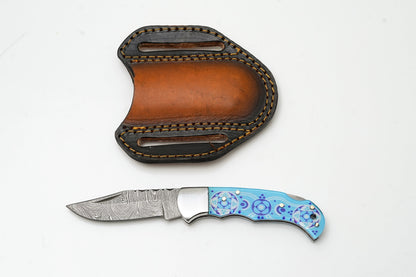 Hand-Forged Damascus Folding Knife with blue mosaic handle Titan International K pancake sheath on Tampa Home & Garden Store