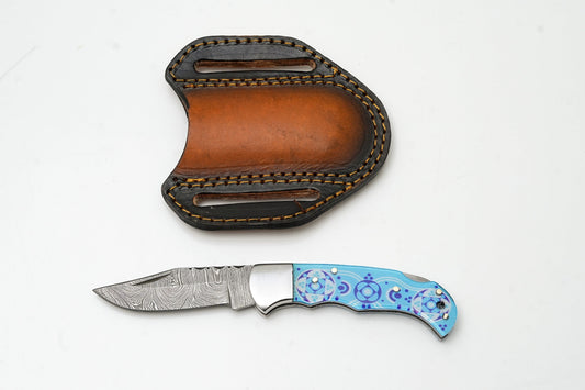 Hand-Forged Damascus Folding Knife with blue mosaic handle Titan International K pancake sheath on Tampa Home & Garden Store
