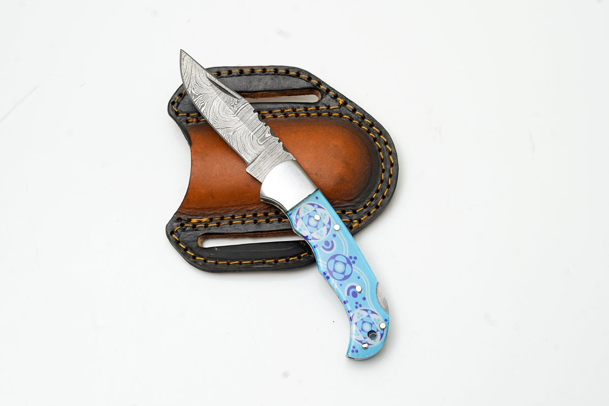 Damascus folding knife with blue mosaic handle in brown leather sheath TF-083 on Tampa Home & Garden Store