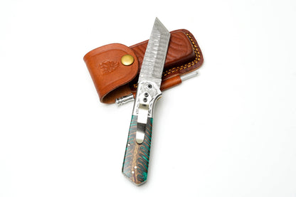 Damascus steel tanto folding knife with sharpening rod and green pine cone handle TF-123 Titan on Tampa Home & Garden Store