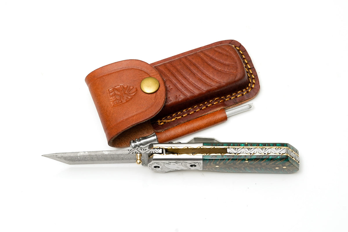Damascus Tanto folding knife with engraved bolster and pinecone handle in leather sheath on Tampa Home & Garden Store