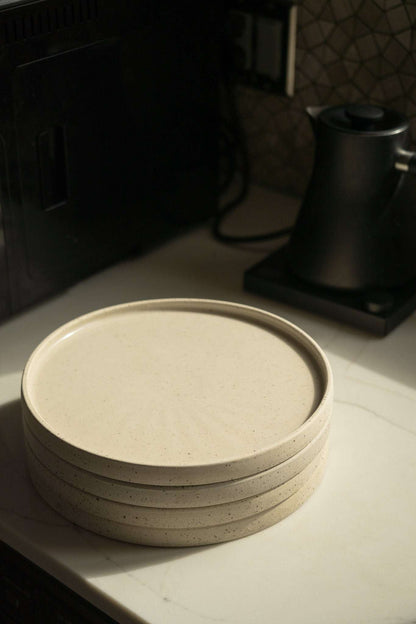 Handmade stoneware plate white with speckles by Creating Comfort, stacked five high on Tampa Home & Garden Store