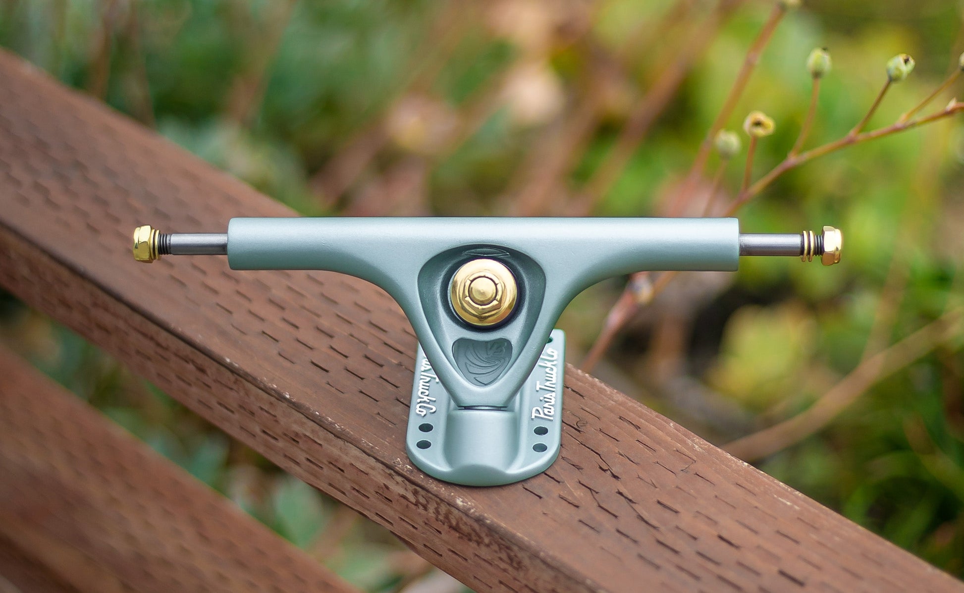 V3 180mm 50° longboard trucks crystal blue by Paris Truck Co with gold hardware on Tampa Home & Garden Store
