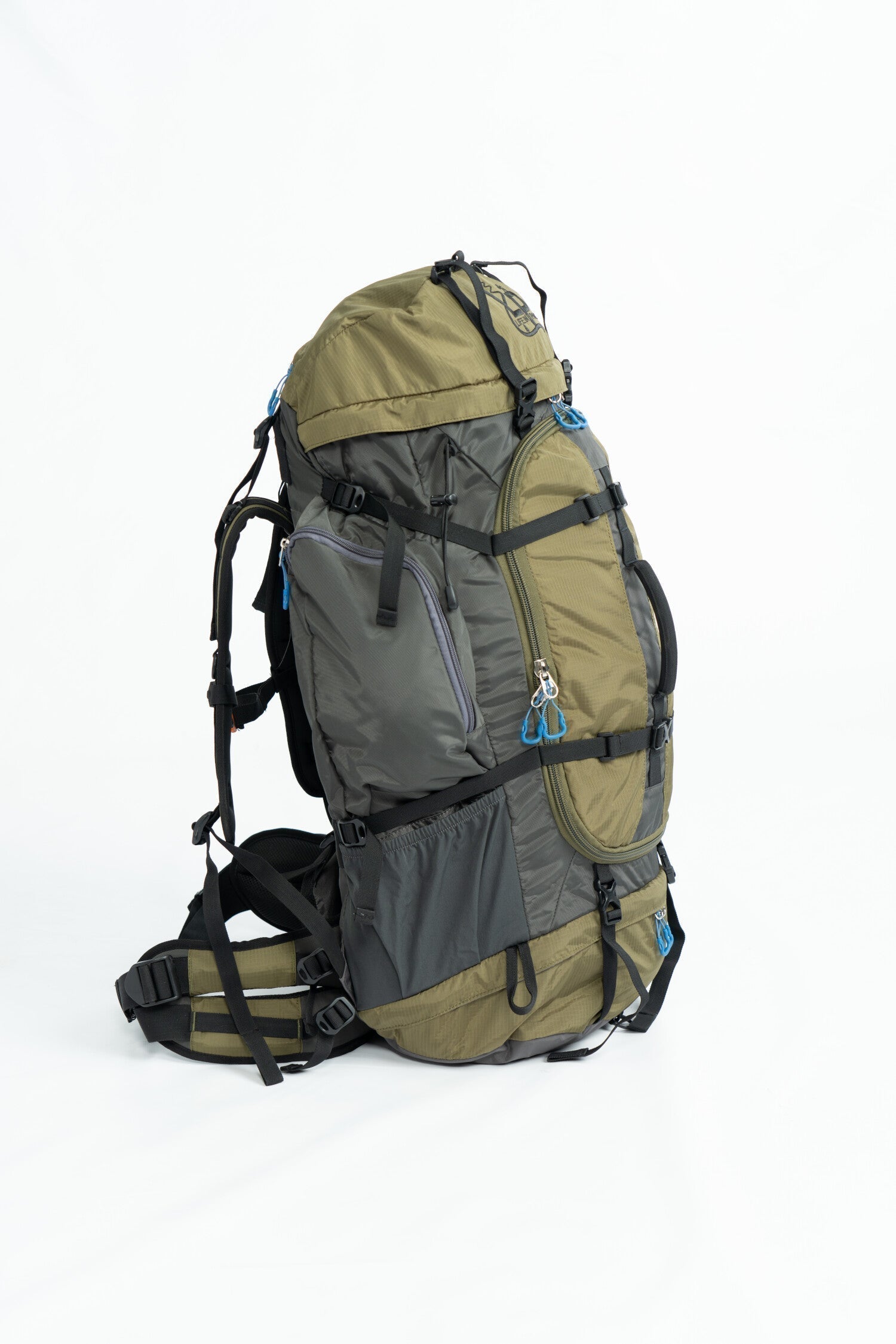 River Country Gear 75+L backpacking pack olive/gray with blue zipper pulls and multiple pockets on Tampa Home & Garden Store