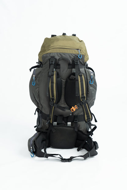 River Country Gear 75+ liter backpacking pack olive khaki top gray body with straps on Tampa Home & Garden Store