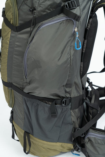 River Country Gear 75+L backpacking pack with gray body and olive panels, front zip pocket on Tampa Home & Garden Store