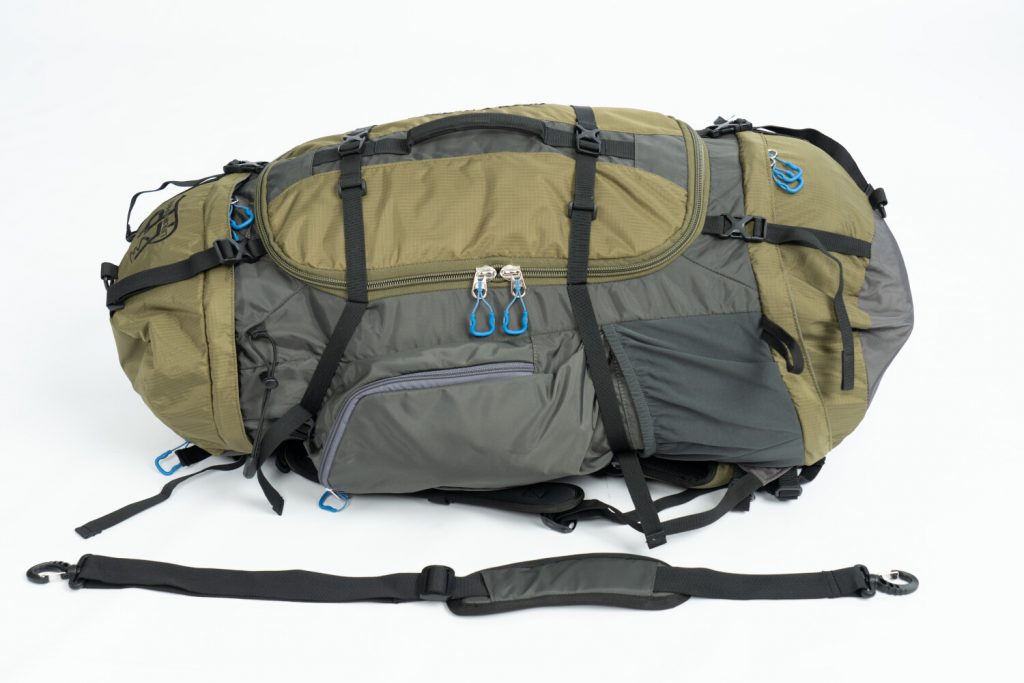 Backpacking pack 75+ liter by River Country Gear in olive gray with blue zipper pulls on Tampa Home & Garden Store