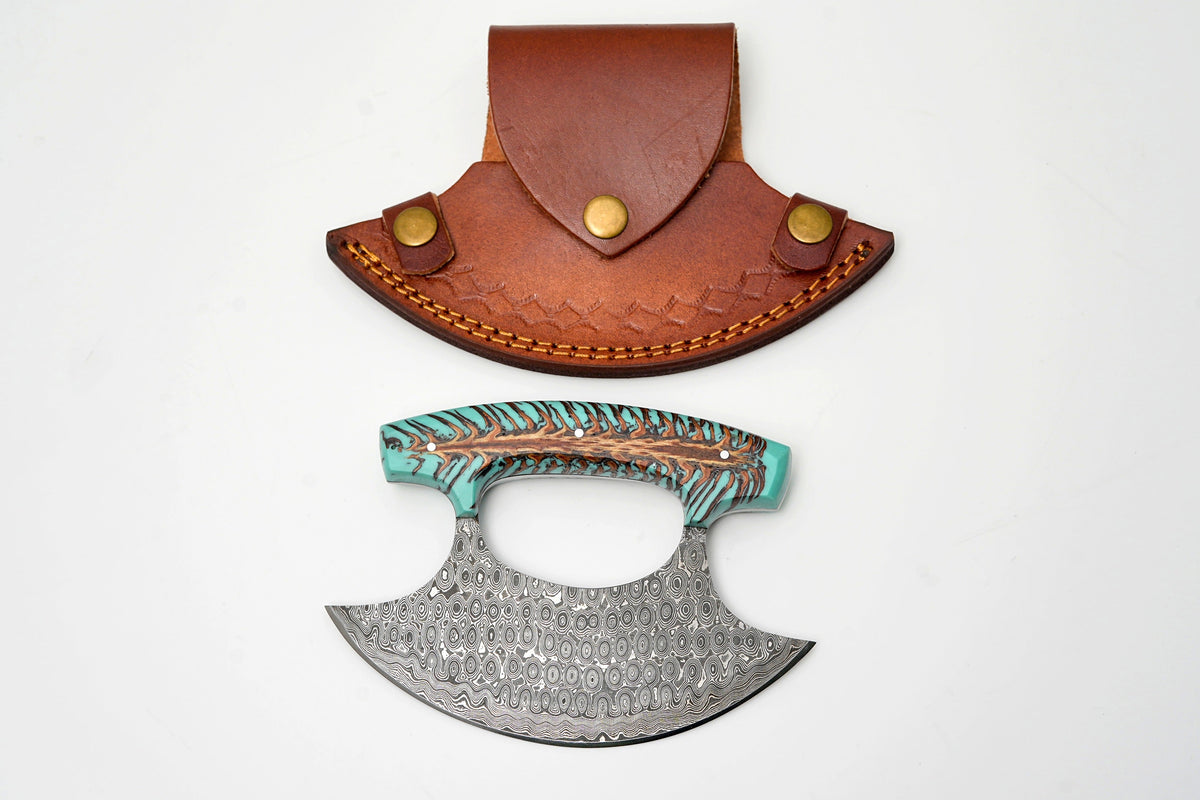Damascus steel ulu knife with teal pine cone handle and crescent blade, leather sheath on Tampa Home & Garden Store