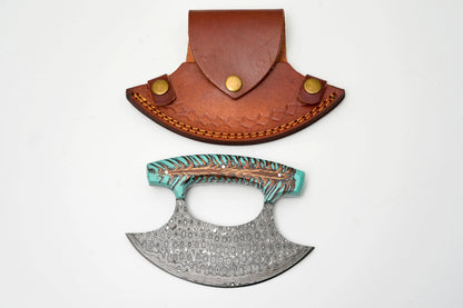 Damascus steel ulu knife with teal pine cone handle and crescent blade, leather sheath on Tampa Home & Garden Store